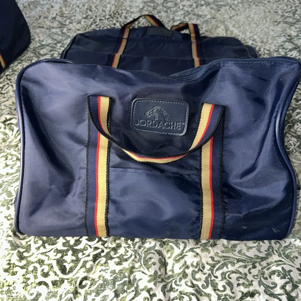 Excellent vintage Jordache blue nylon suitcase collection blue, red & tan handle